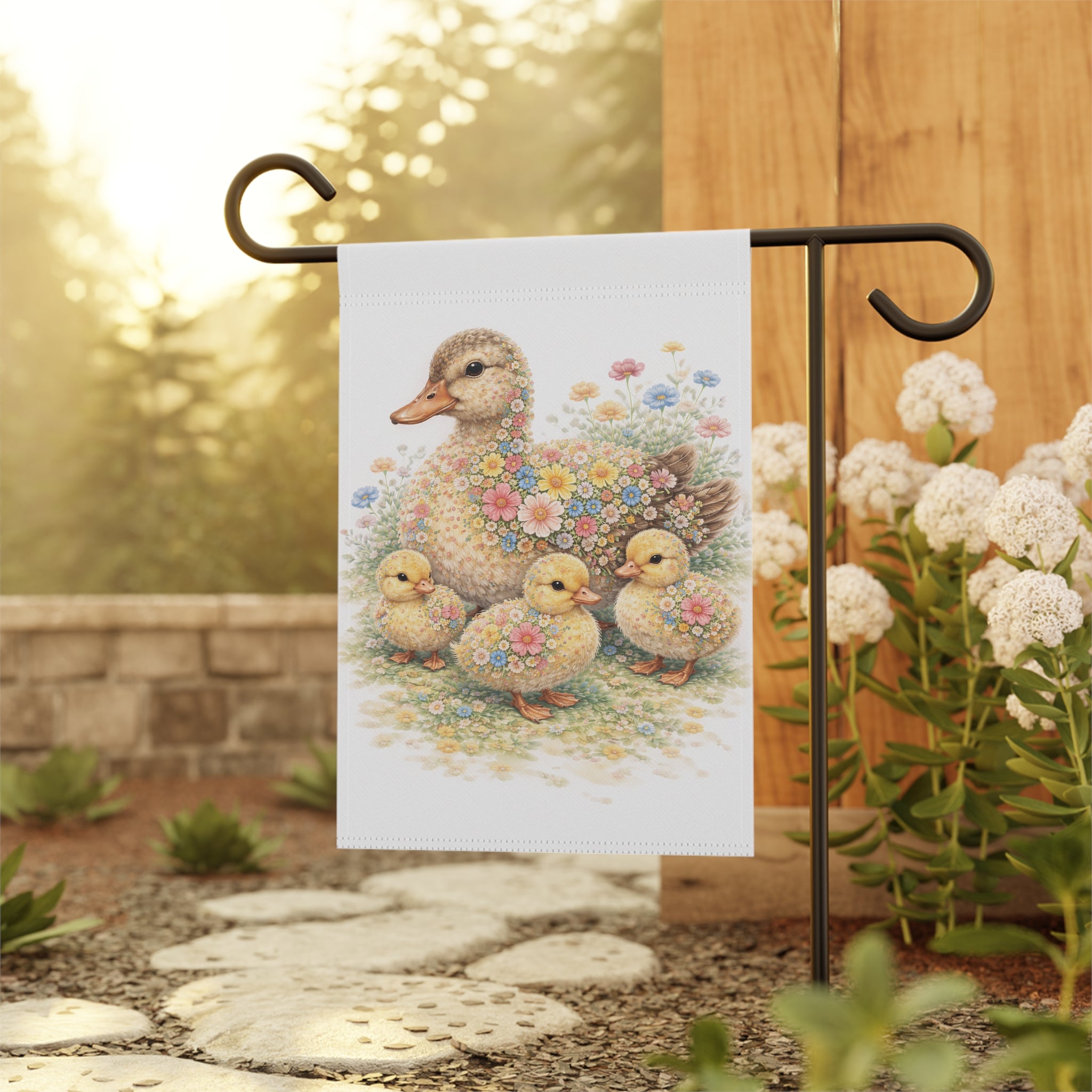 Garden Flag — Floral Mother Duck & Ducklings Cottage Banner (Spring)