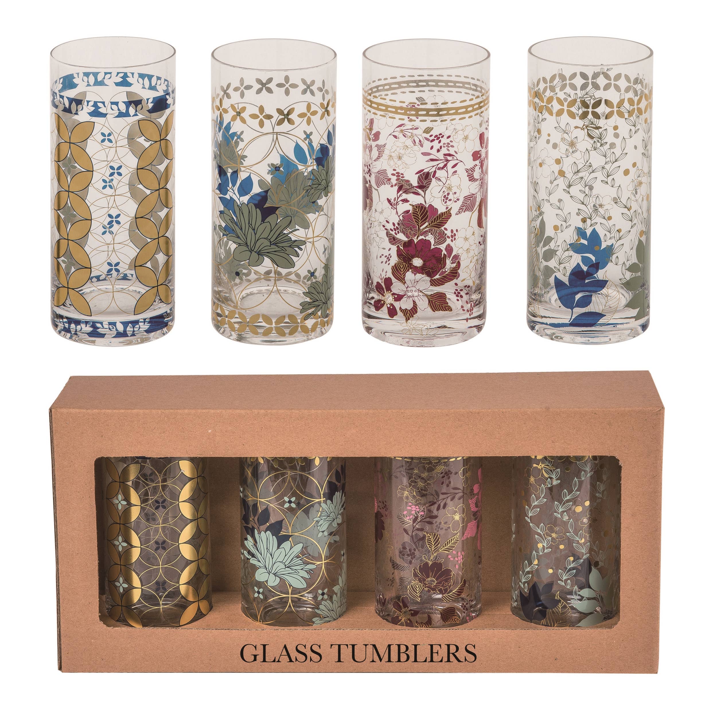 Floral Glass Tumblers – Set of 4 (18 oz)