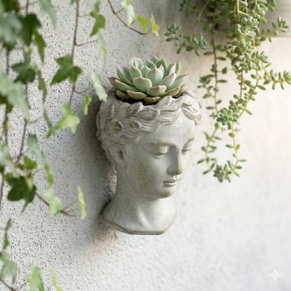 Weathered Gray Greek Lady Wall Mount Cement Planter 6 Inches