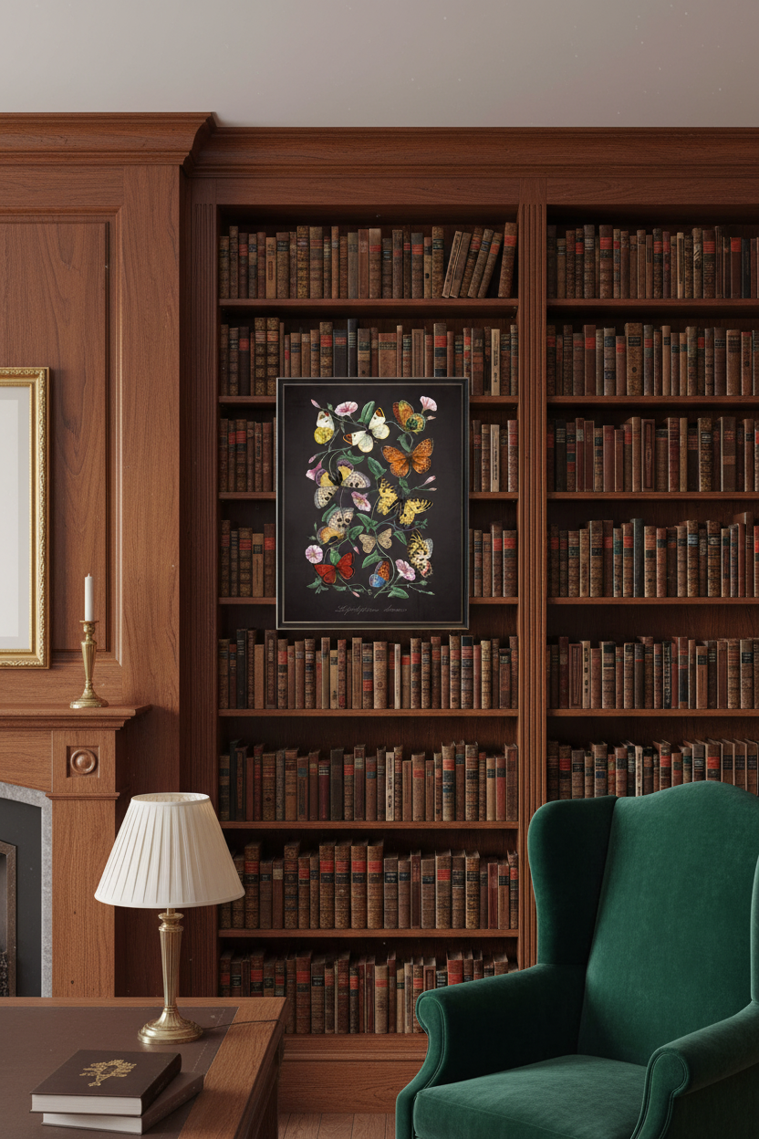 A framed botanical art print featuring colorful butterflies and pink flowers on a dark charcoal background, with the script text 'Lepidopteres albertus' at the bottom.