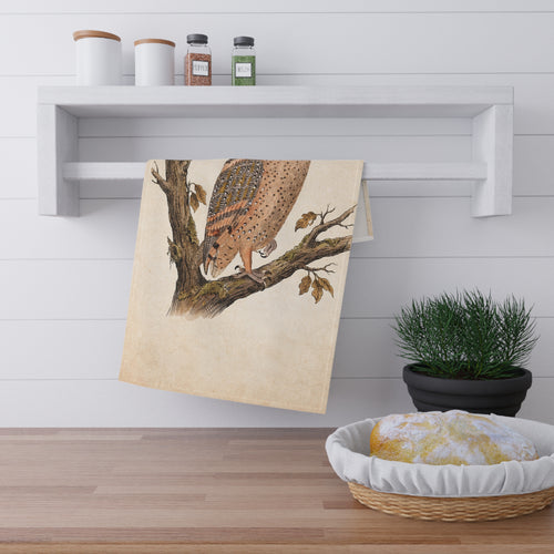 Barn Owl Vintage Art Tea Towel — Rustic Woodland Kitchen Decor