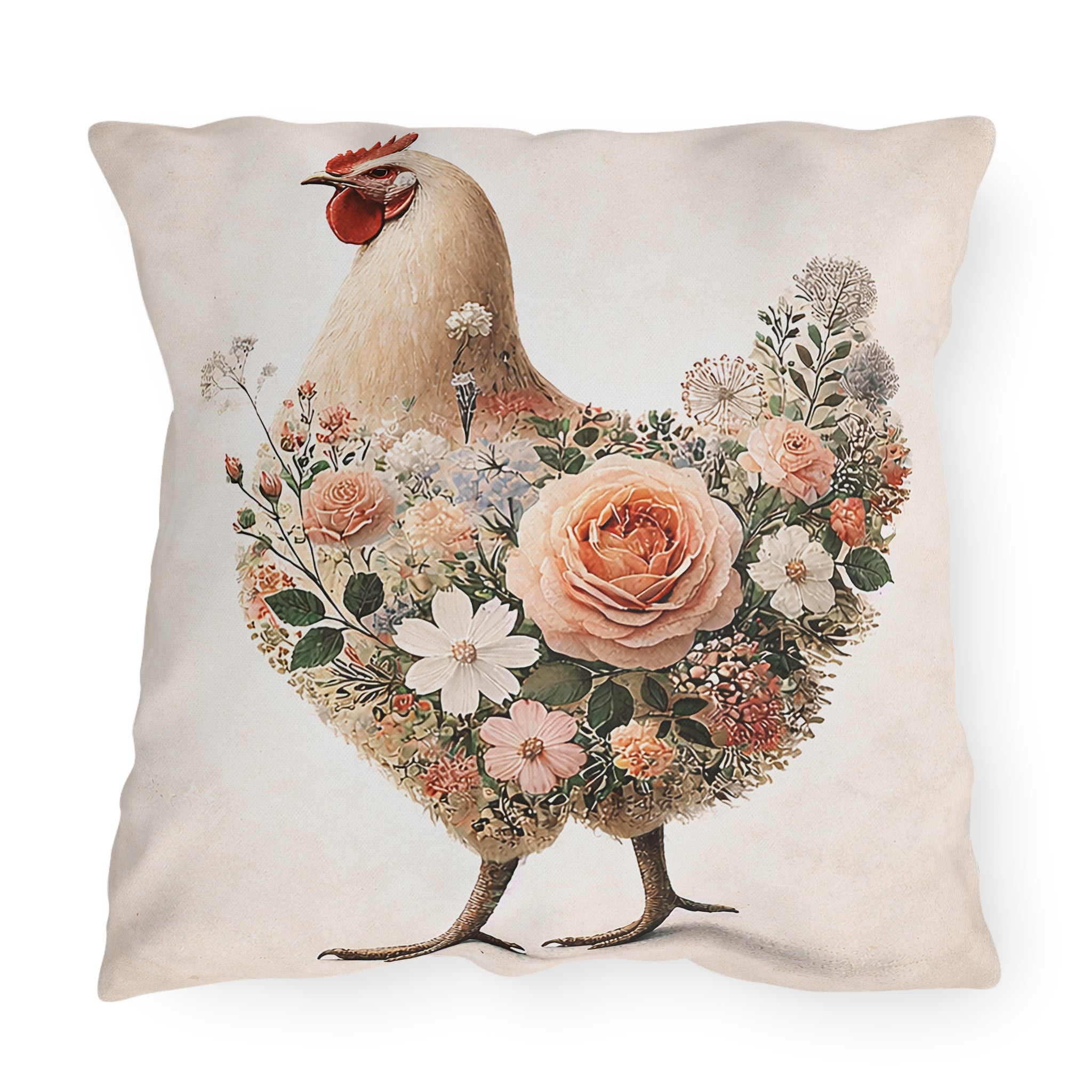 Vintage Floral Chicken Outdoor Pillow — Flower-Filled Porch & Patio Accent