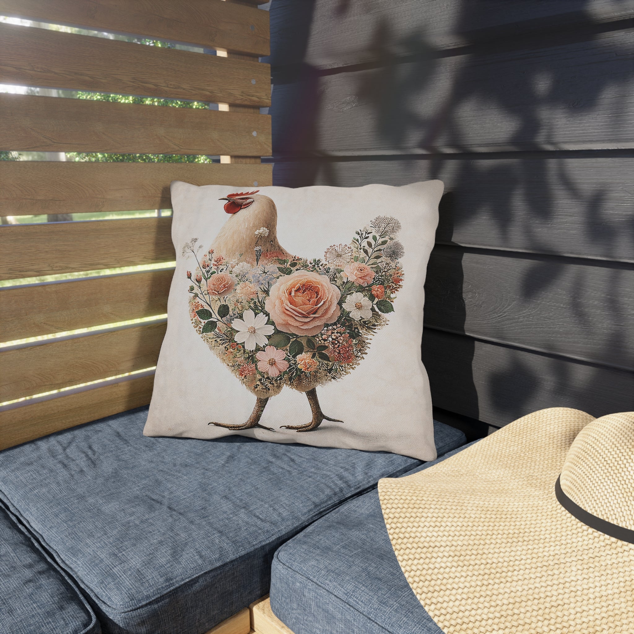 Vintage Floral Chicken Outdoor Pillow — Flower-Filled Porch & Patio Accent