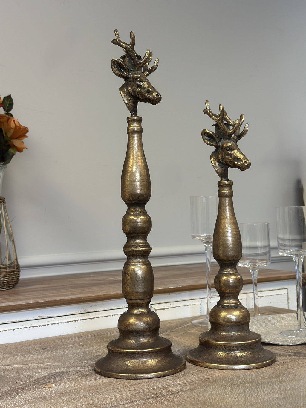 Antique Brass Deer Head Candle Holder