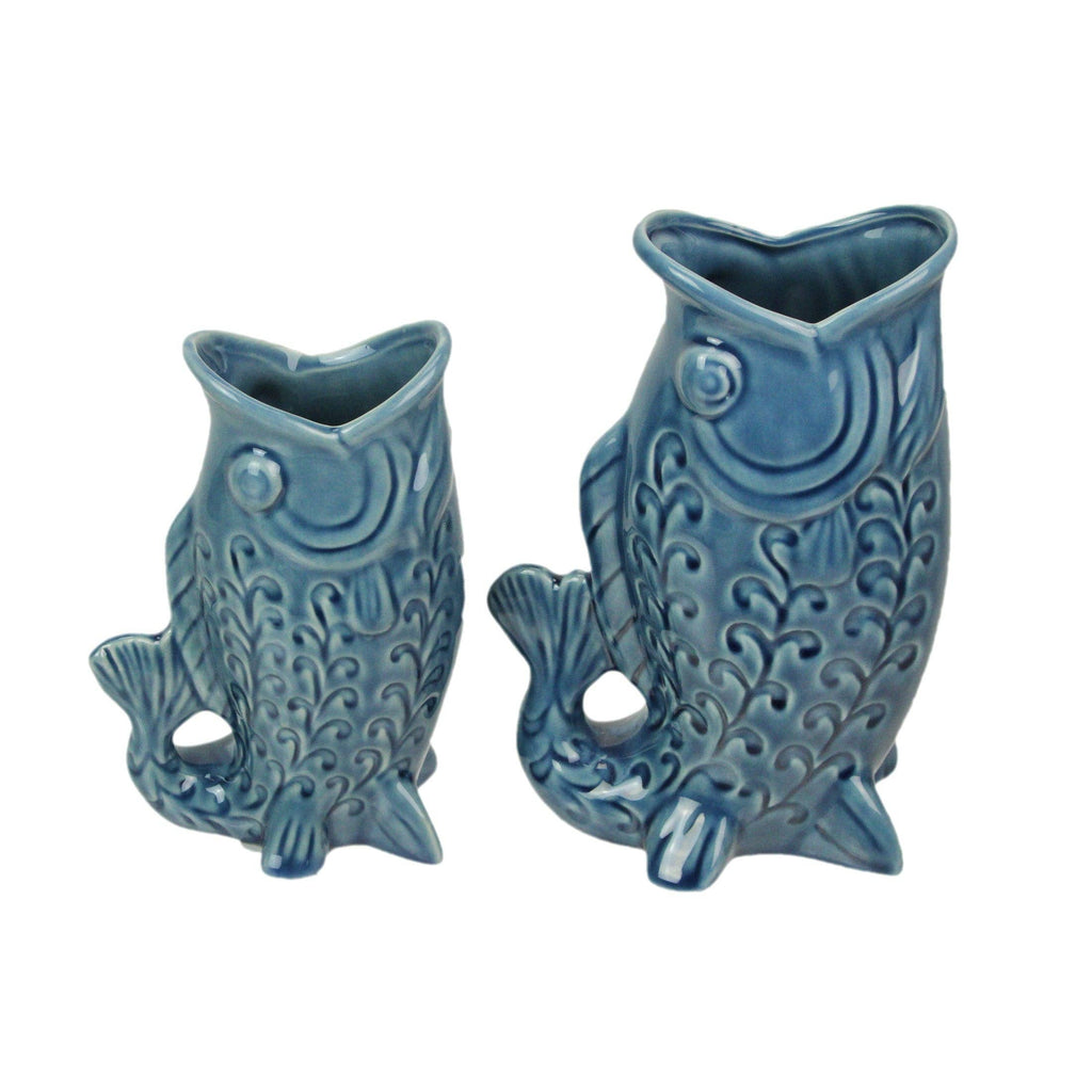 Fish Decorative Vase Set in Glossy Porcelain for Coastal Tabletop Decor