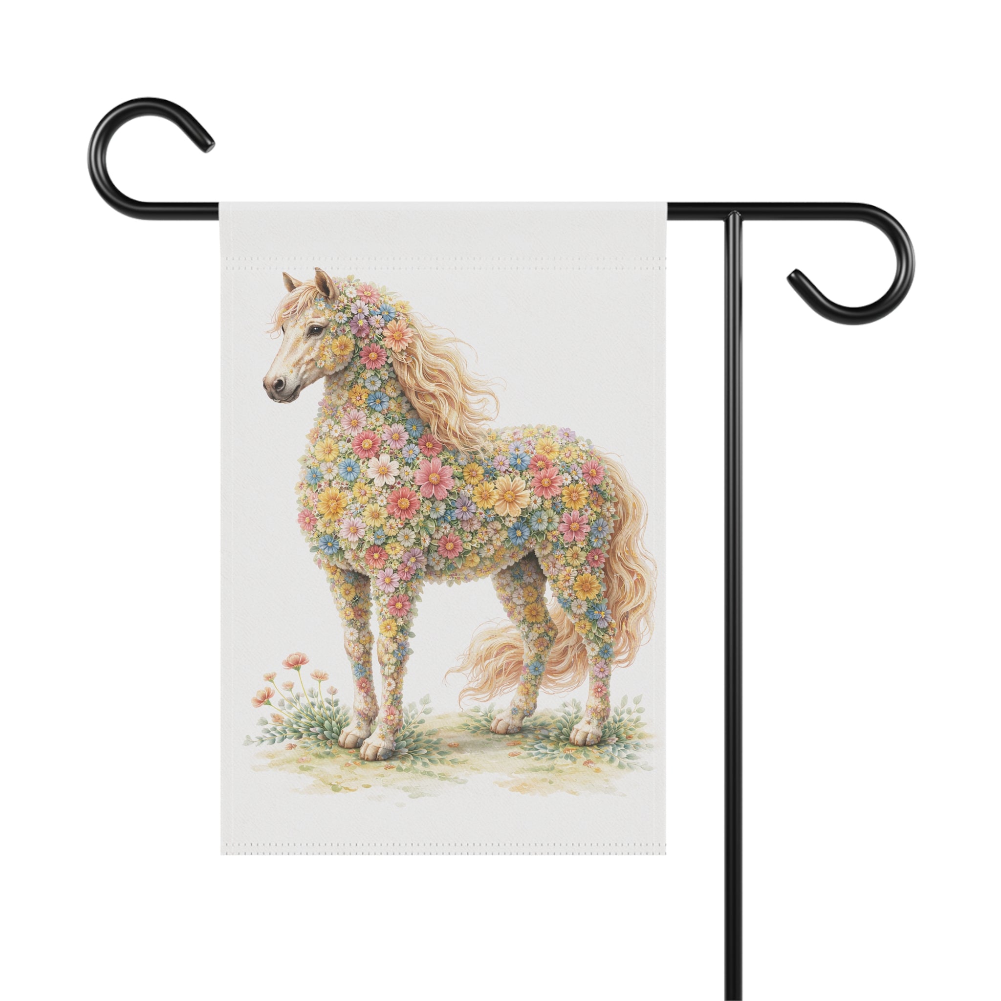 Flower-Filled Horse Garden Flag — Cottage Floral Horse Banner