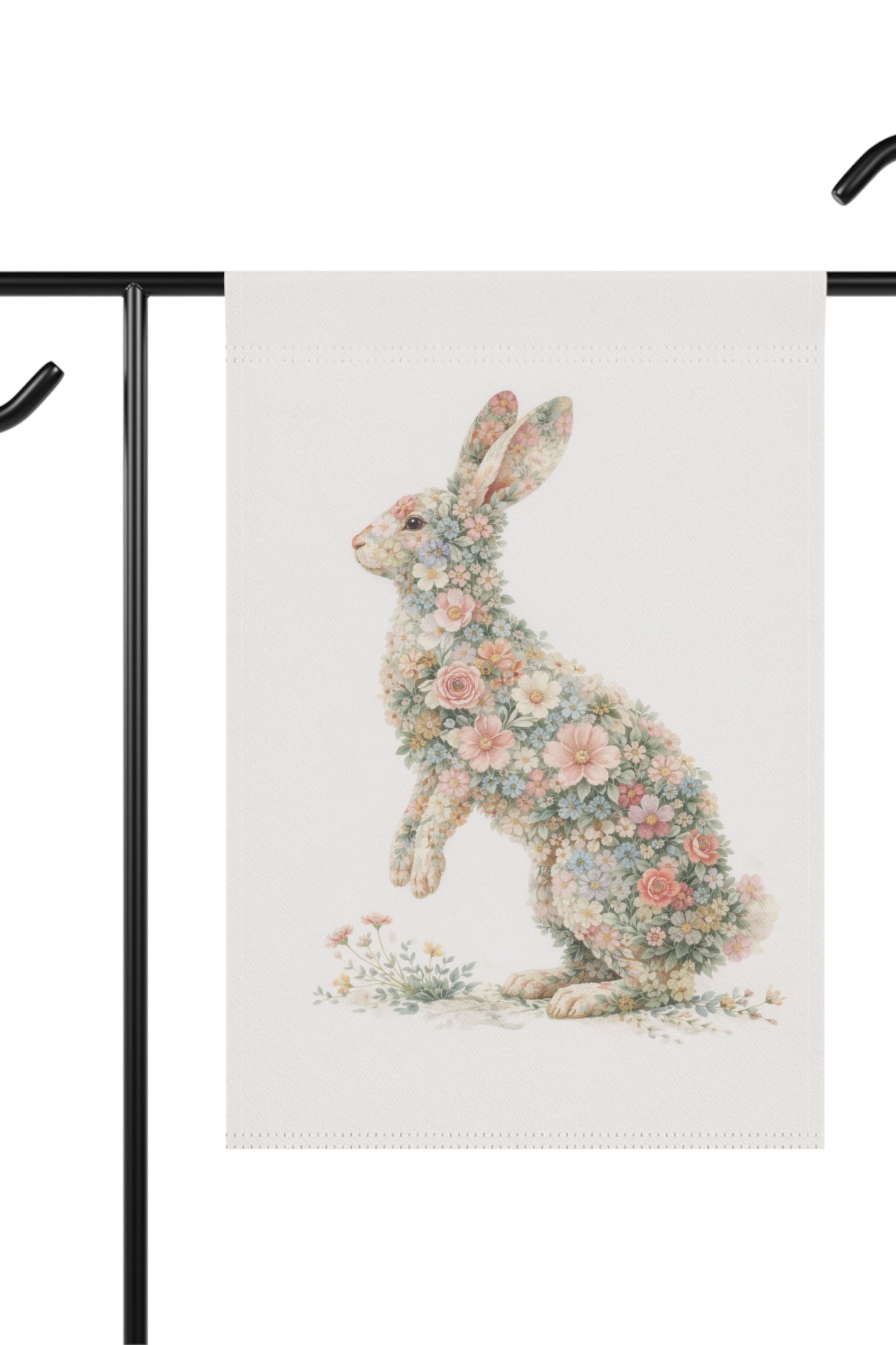Floral Hopping Rabbit Garden Banner — Watercolor Botanical Wall Art