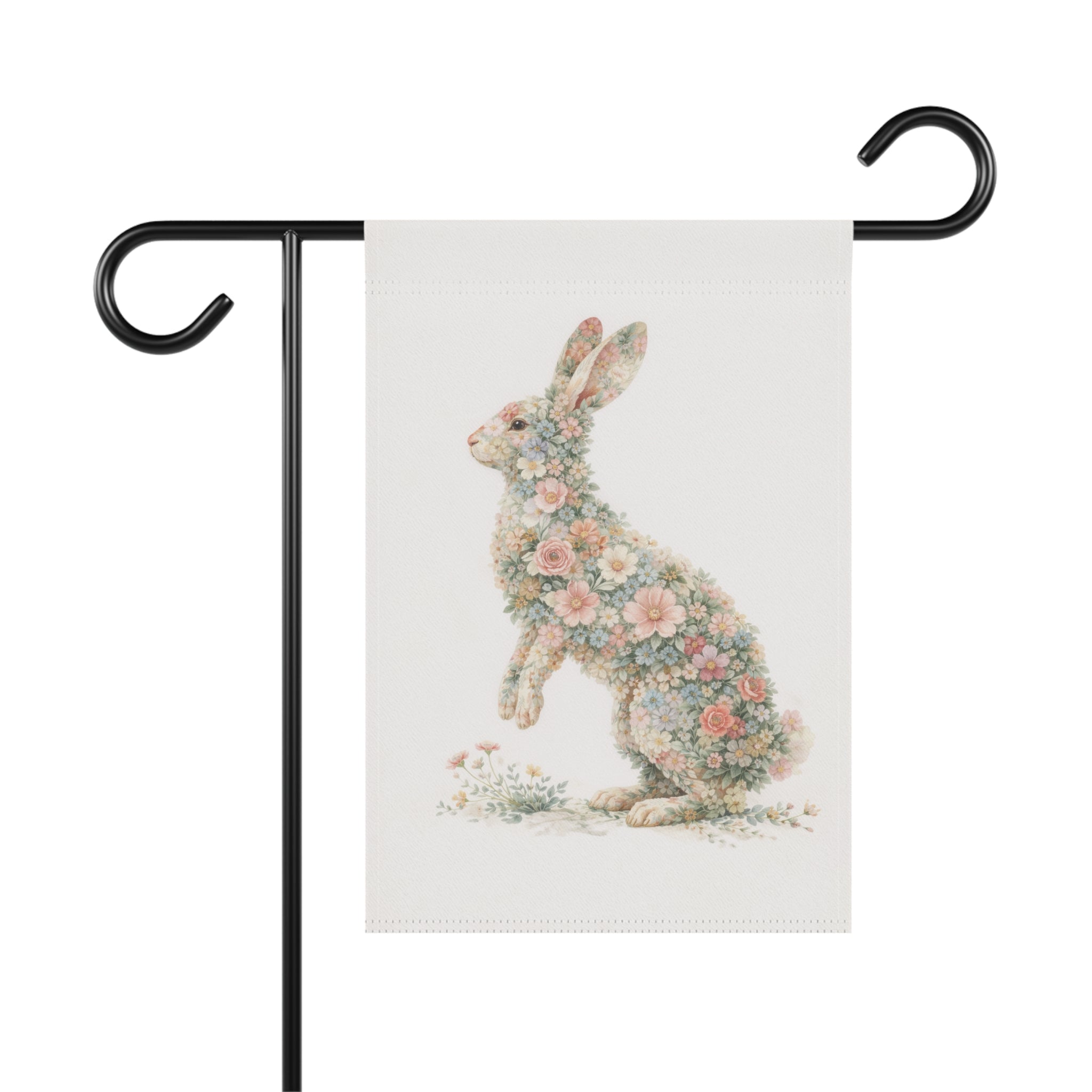 Floral Hopping Rabbit Garden Banner — Watercolor Botanical Wall Art