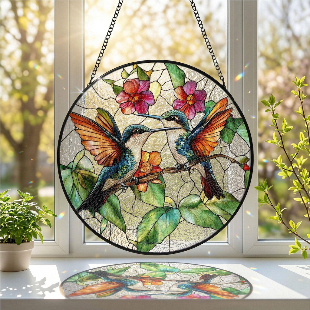 Hummingbird Stained Glass Suncatcher, Vivid Garden Bird Art