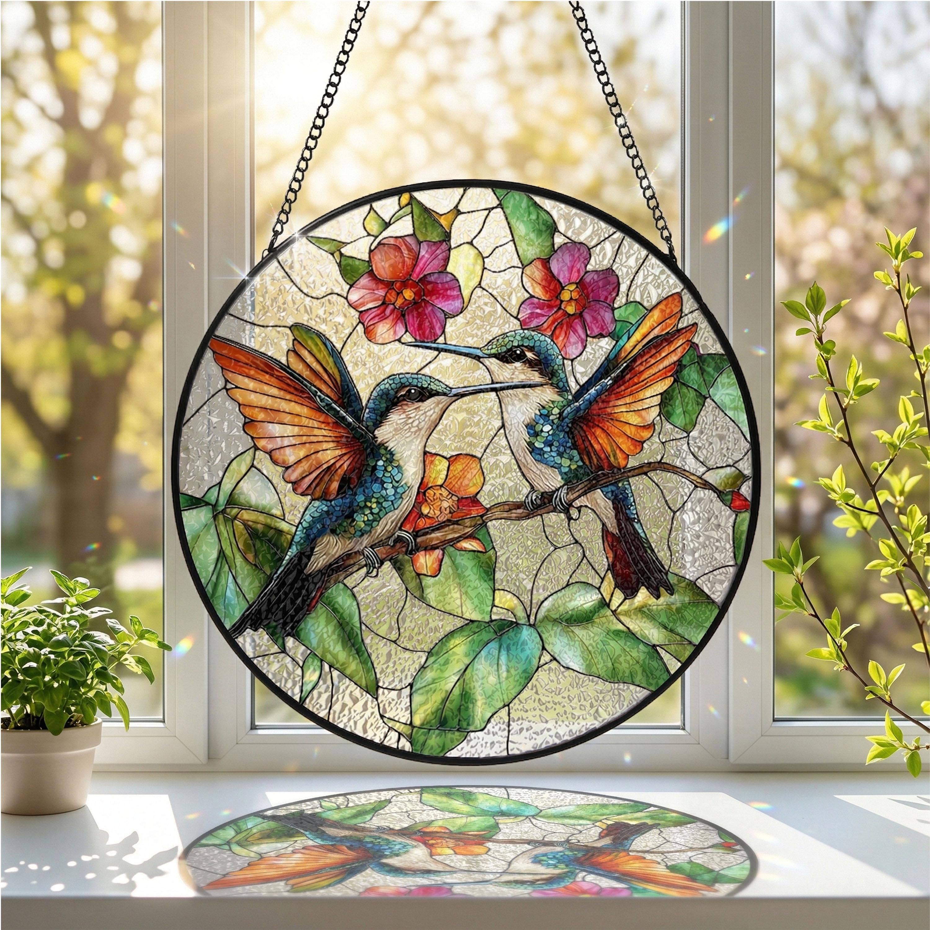 Hummingbird Stained Glass Suncatcher, Vivid Garden Bird Art