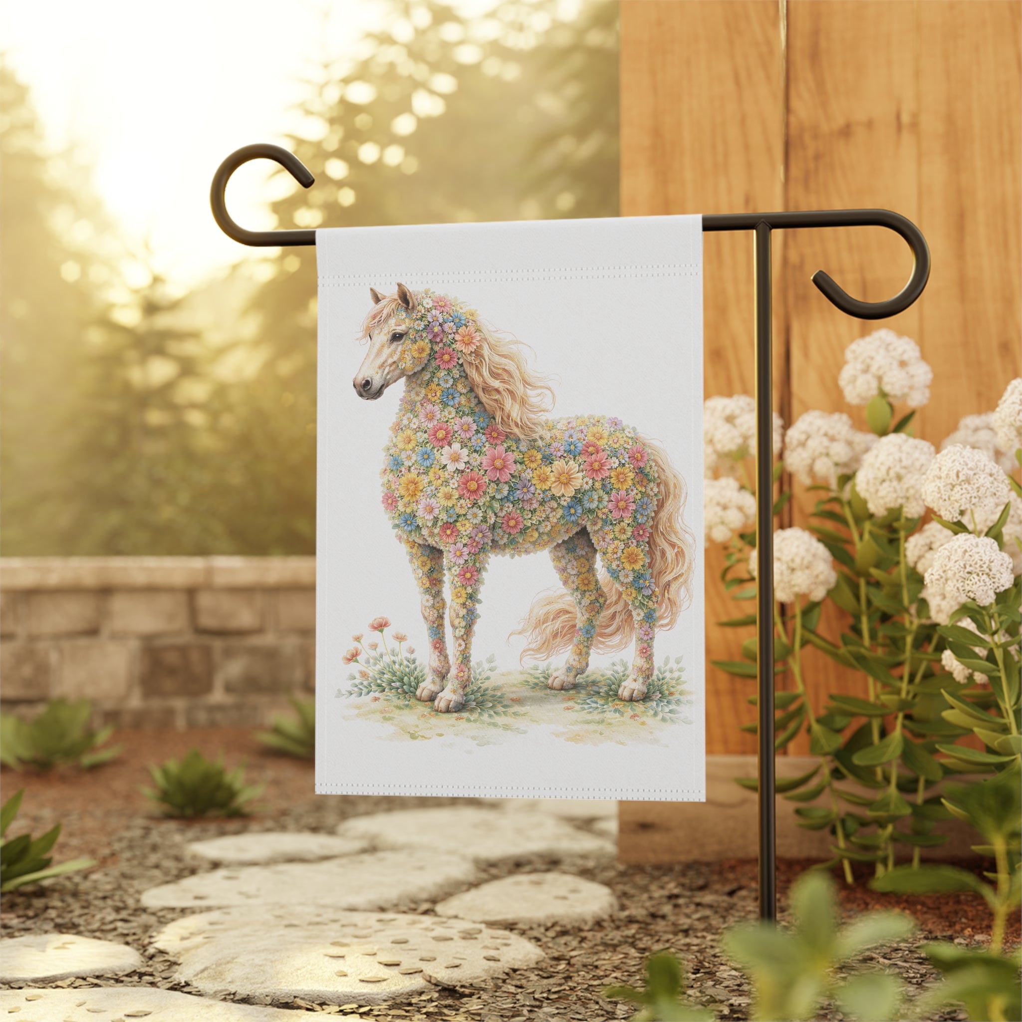 Flower-Filled Horse Garden Flag — Cottage Floral Horse Banner