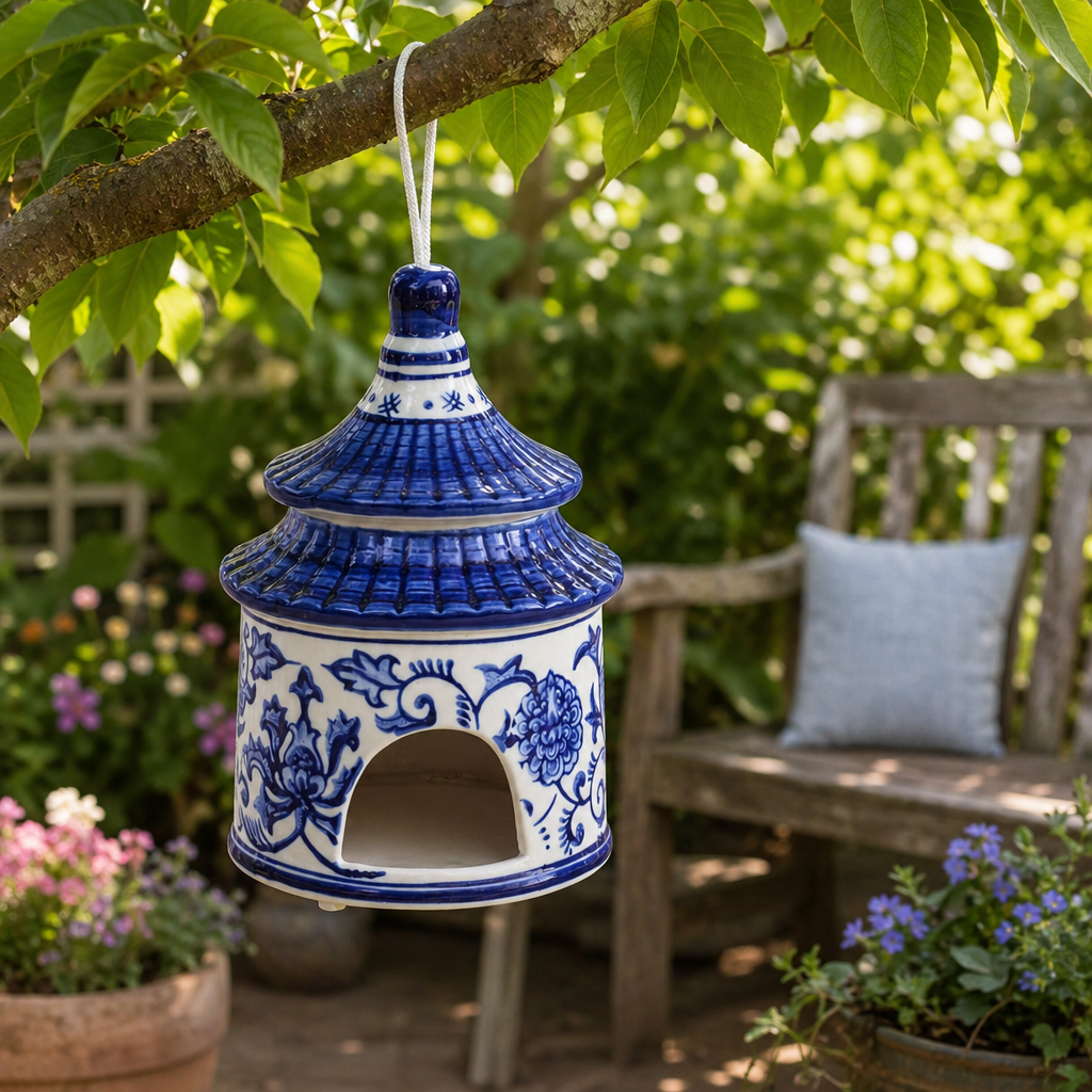 Decorative Jar - White/Blue Ceramic Chinoiserie Bird House,8