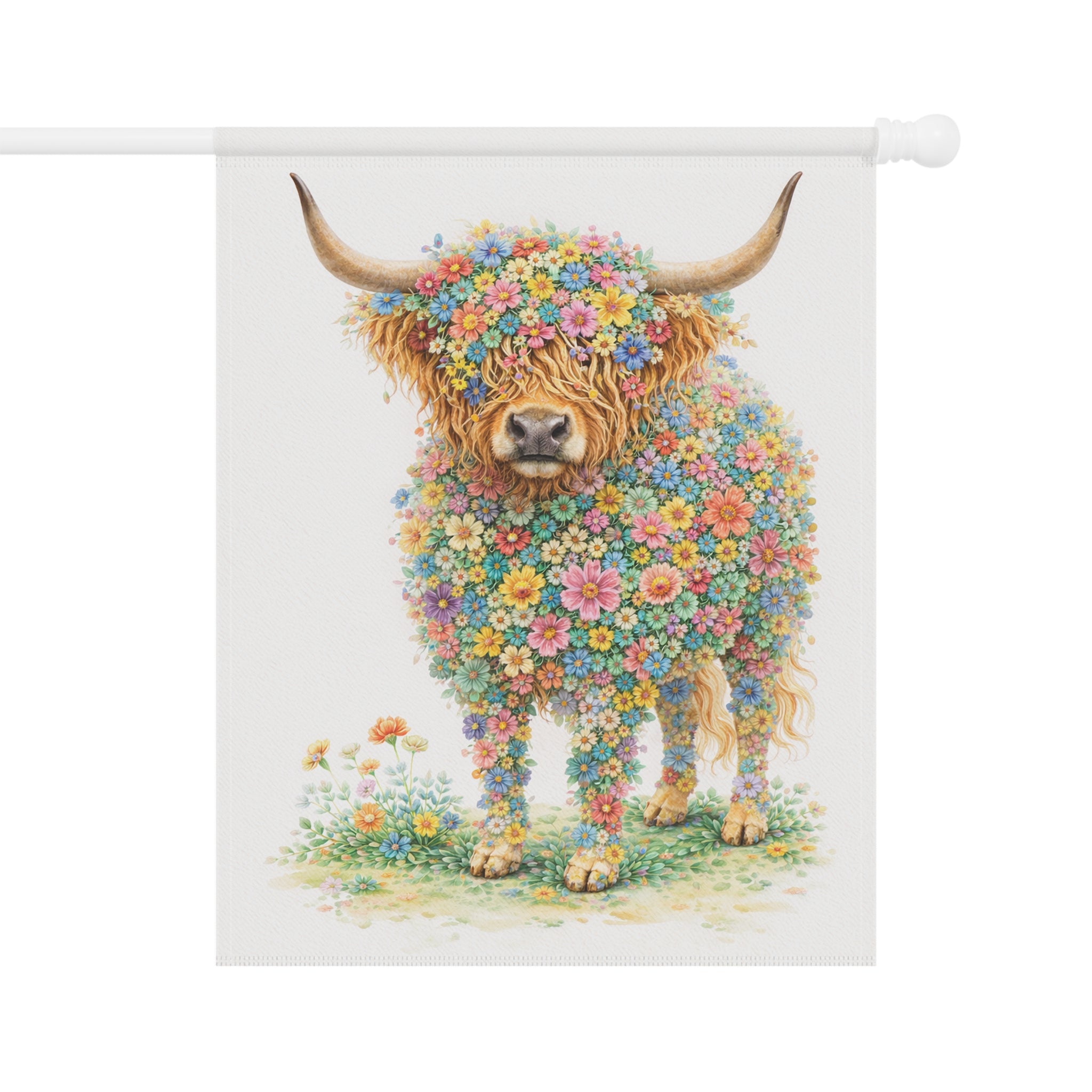 Flower-Filled Highland Cow Garden Banner and Flag — Cottage Floral 'Coo' Flag
