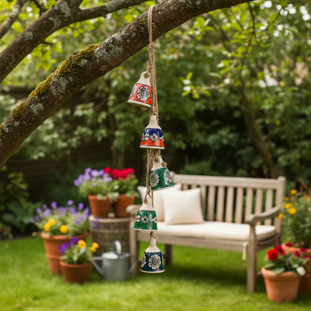 Wind Chime - Blue Ceramic and Jute Bell Cluster, 37 in.