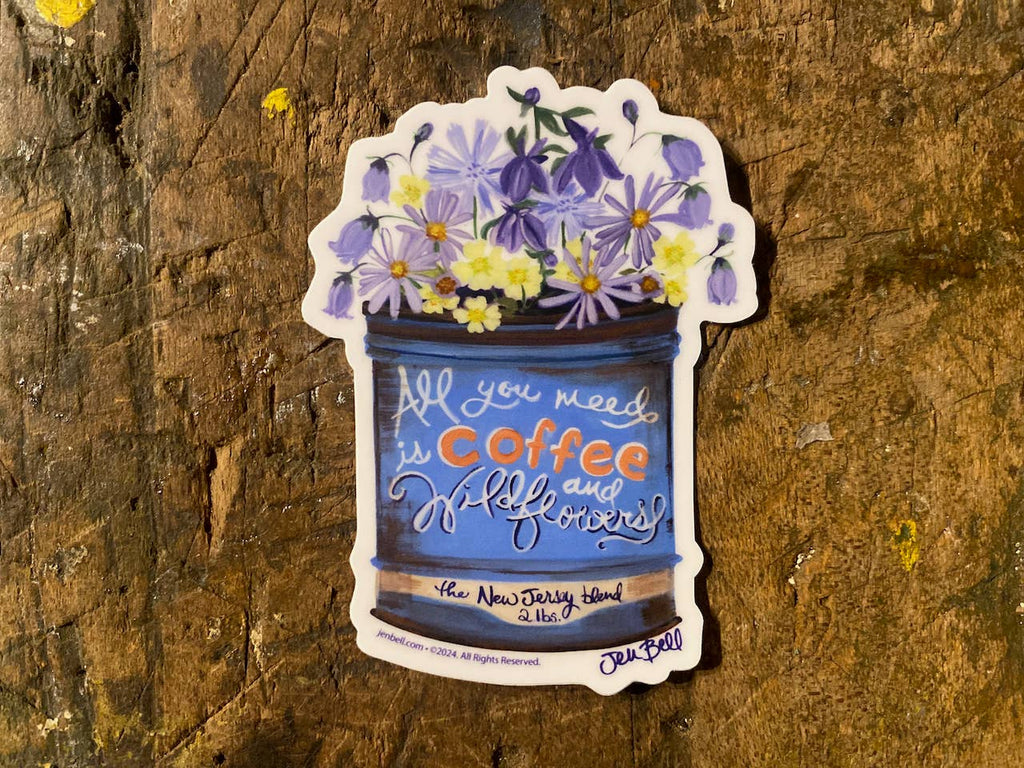 Coffee & Wildflowers Sticker in a Vintage Tin Can