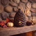 Pinecone Candle Lantern, Antique Brown Cast Iron Tealight Holder, 9"