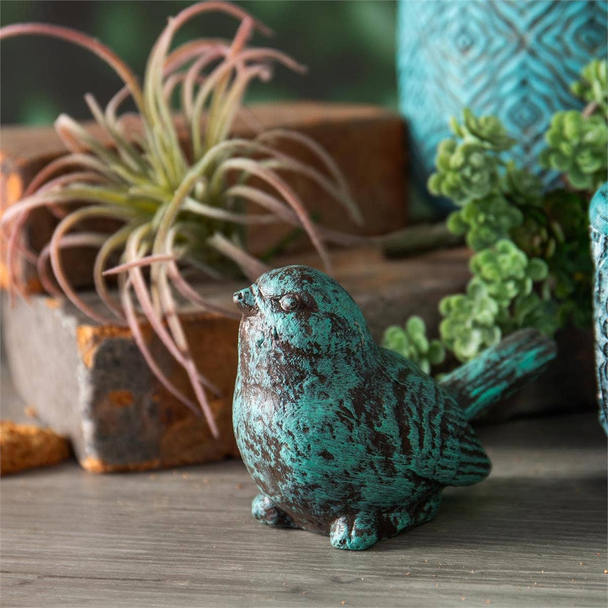 Turquoise Distressed Cement Bird Figurine