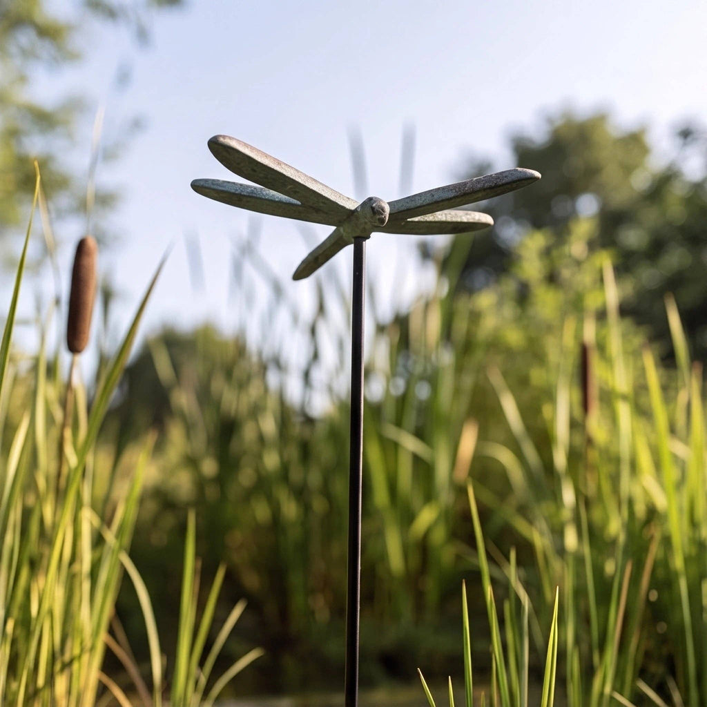 Dragonfly Garden Stake, Green Gold Cast Iron Plant Pick, 15"