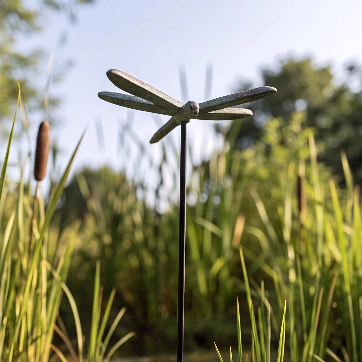 Dragonfly Garden Stake, Green Gold Cast Iron Plant Pick, 15"