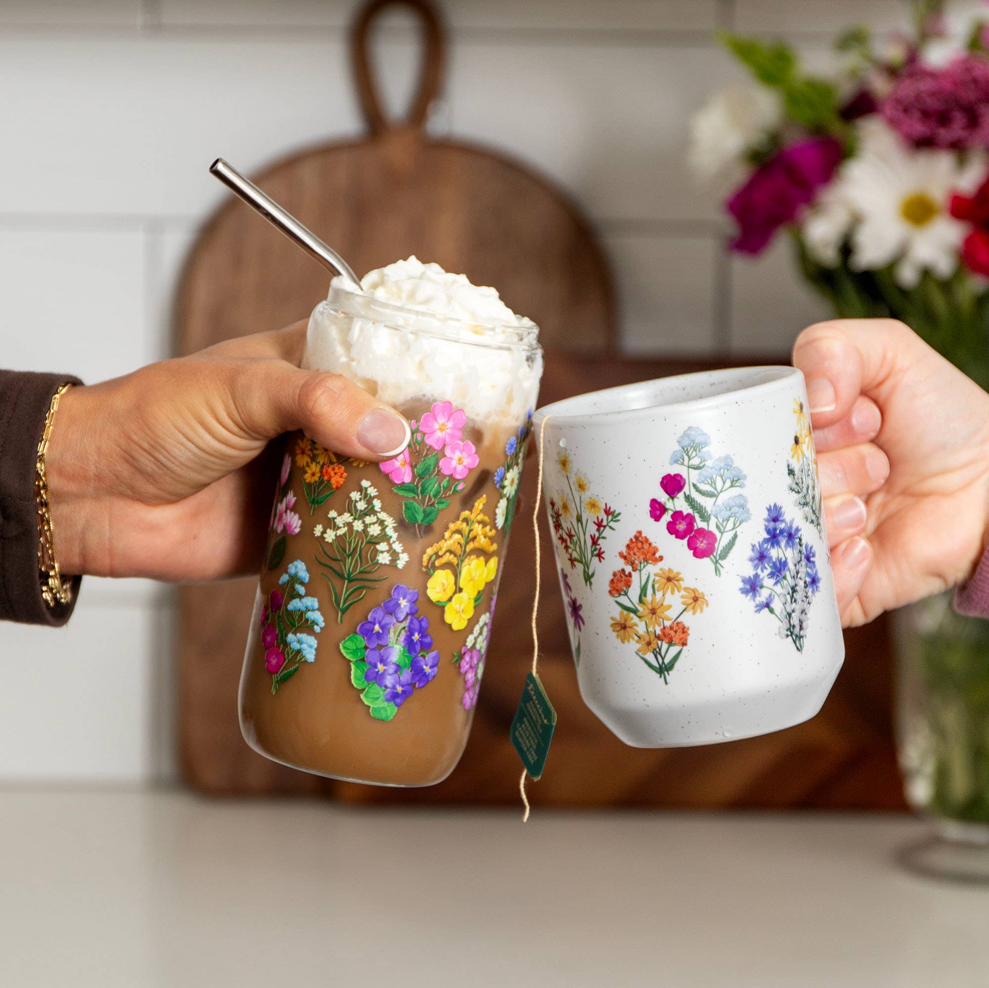 Vintage Blooms Floral Glass Can