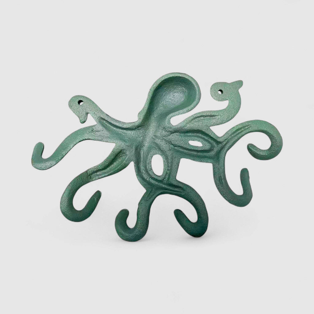 Octopus Wall Hook, Green Bronze Cast Iron for Coats, Keys or Towels, 9.7"