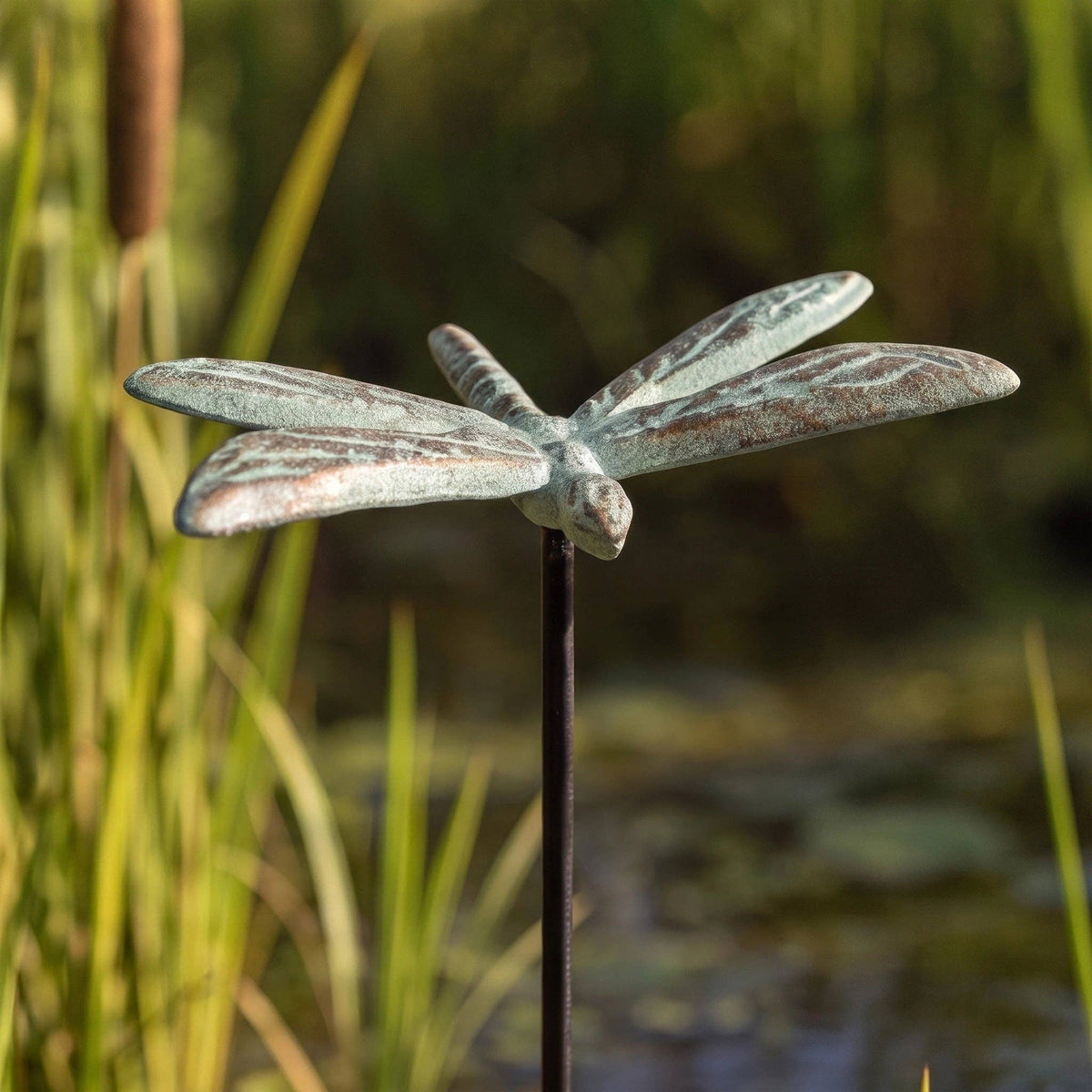Dragonfly Garden Stake, Green Gold Cast Iron Plant Pick, 15"