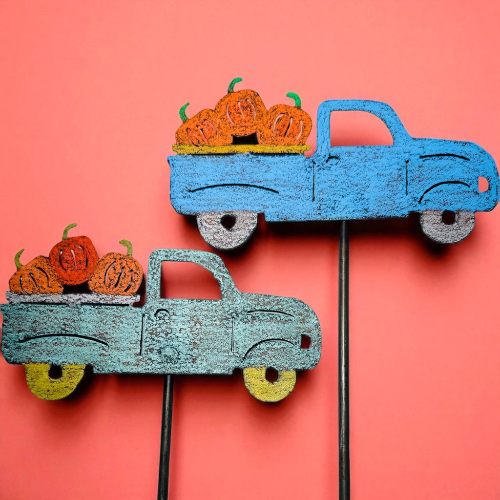 Vintage pickup truck pumpkins Fall garden stake Halloween