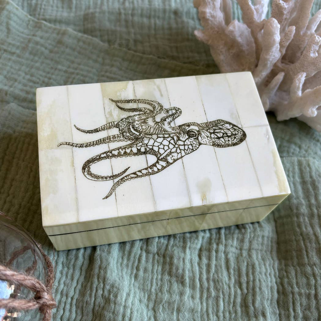Octopus Engraved Vintage Scrimshaw Bone Box, 5-1/4”
