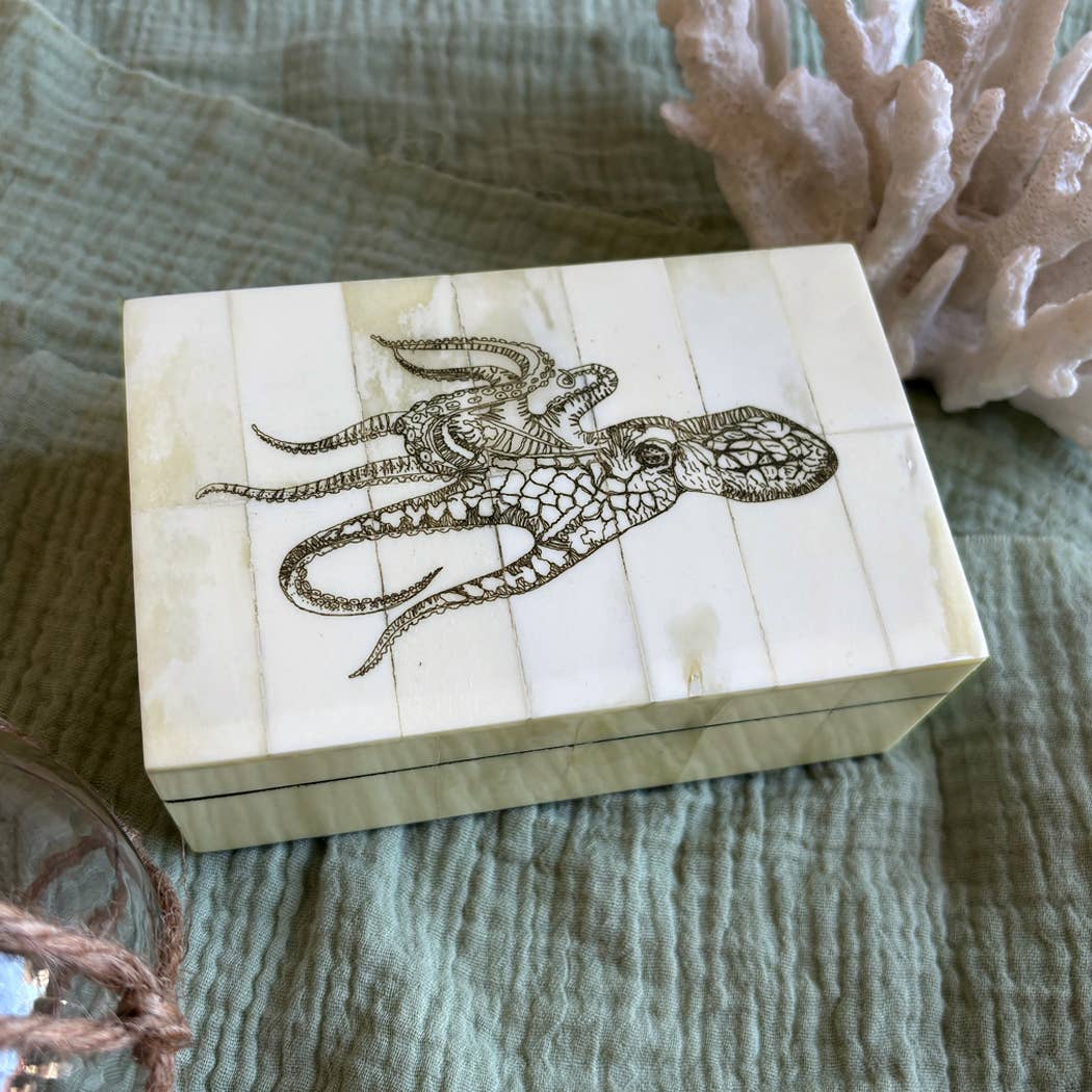 Octopus Engraved Vintage Scrimshaw Bone Box, 5-1/4”