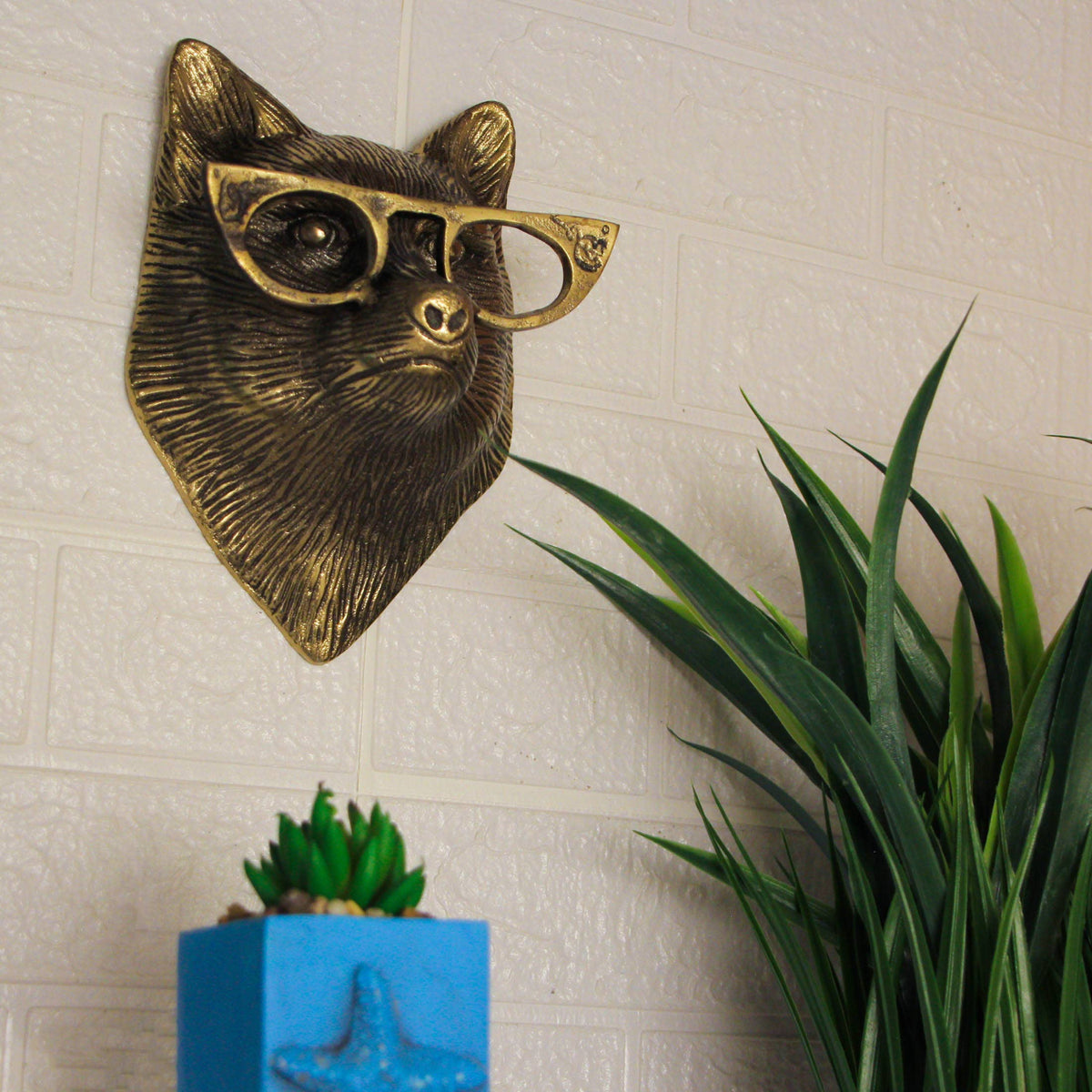Cast Aluminum Gold Fox Head Wall Mount with Glasses 6" High