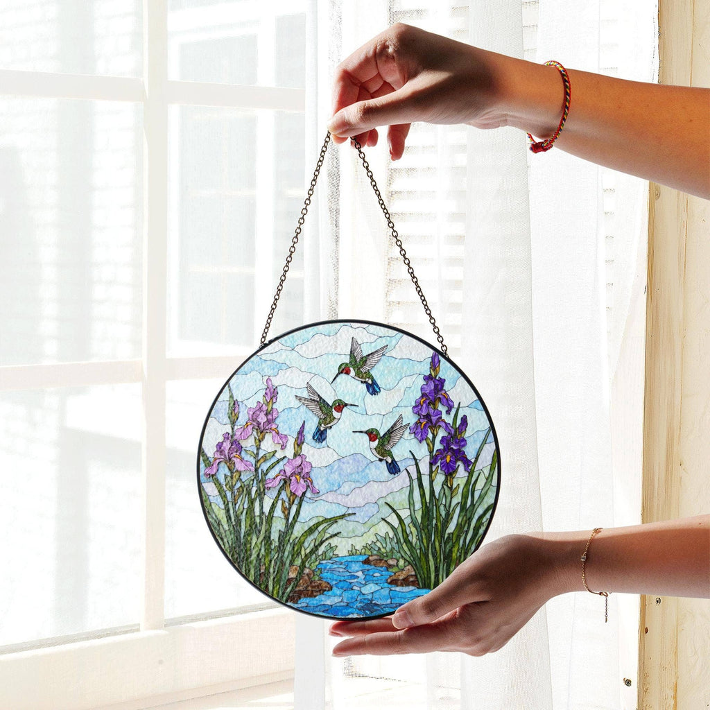 Hummingbirds stained glass suncatcher, nature window decor