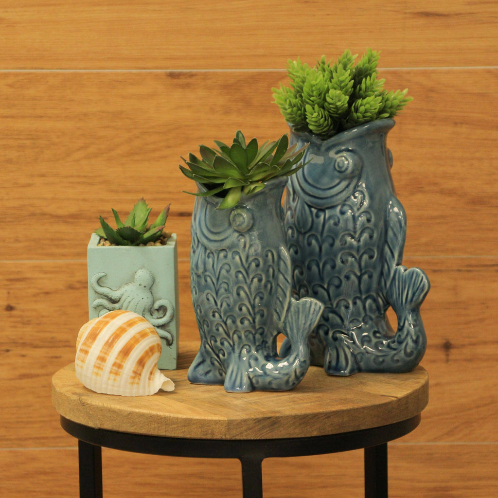 Fish Decorative Vase Set in Glossy Porcelain for Coastal Tabletop Decor