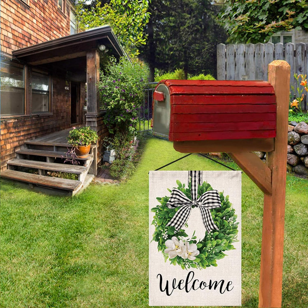 Spring Welcome Garden Flag 12X18 Inch Outside, Mailbox Decor, Seasonal Outdoor Linen Double Sided Spring Summer Flags for Outside, Boxwood Wreath Buffalo Plaid Yard Farmhouse Flag Decoration