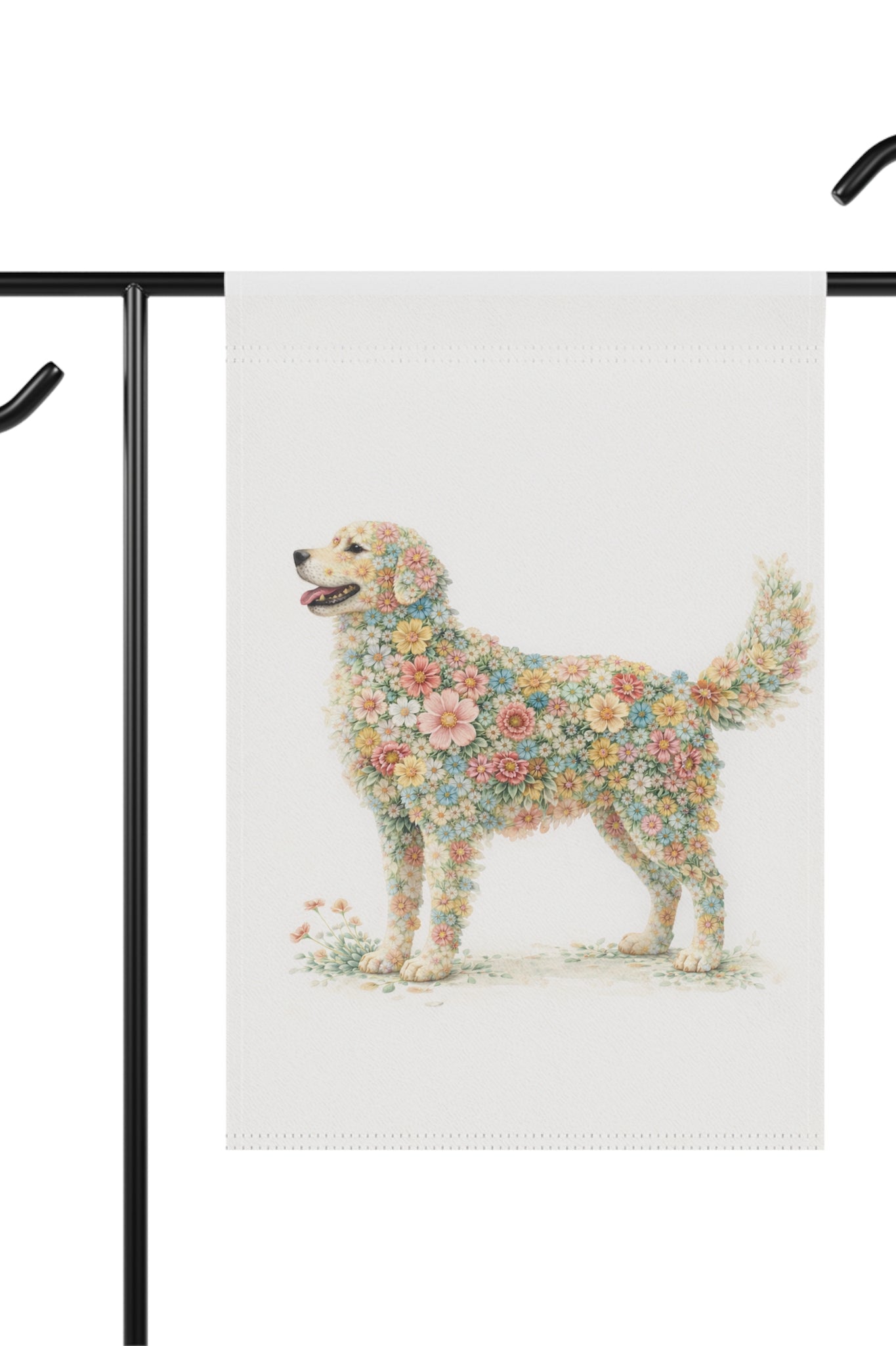 Whimsical Floral Dog Standing in Bloom Garden Banner and Flag