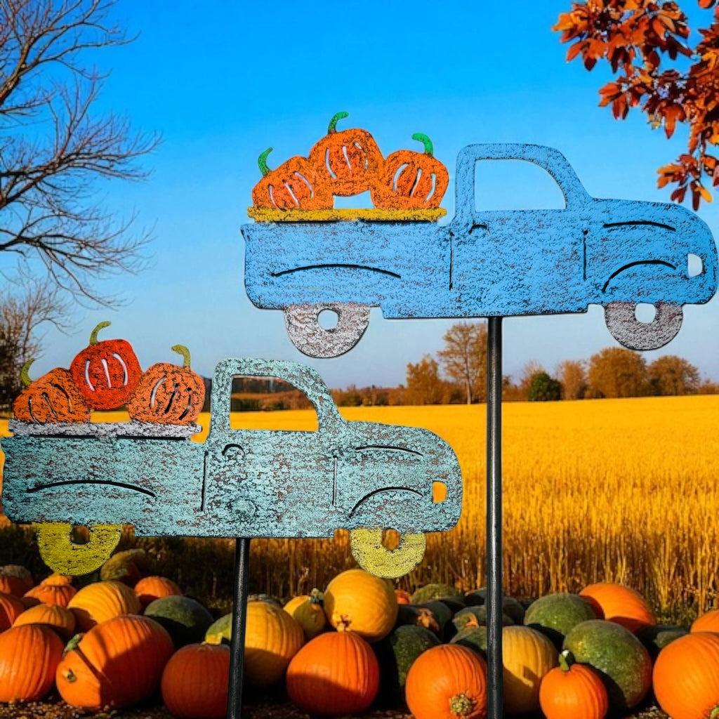Vintage pickup truck pumpkins Fall garden stake Halloween