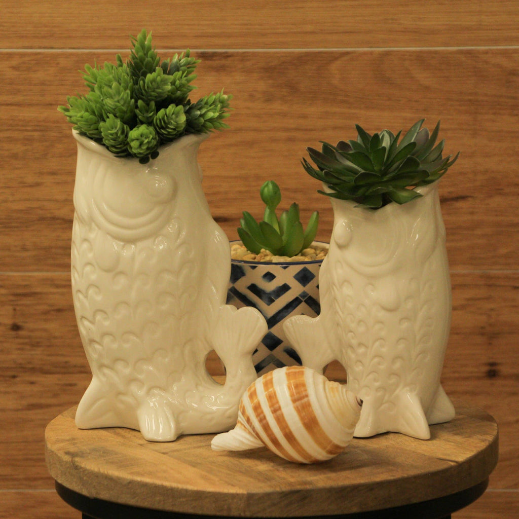 Fish Decorative Vase Set in Glossy Porcelain for Coastal Tabletop Decor