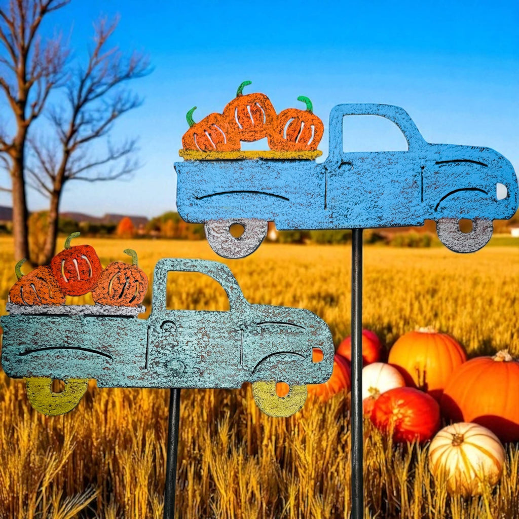 Vintage pickup truck pumpkins Fall garden stake Halloween