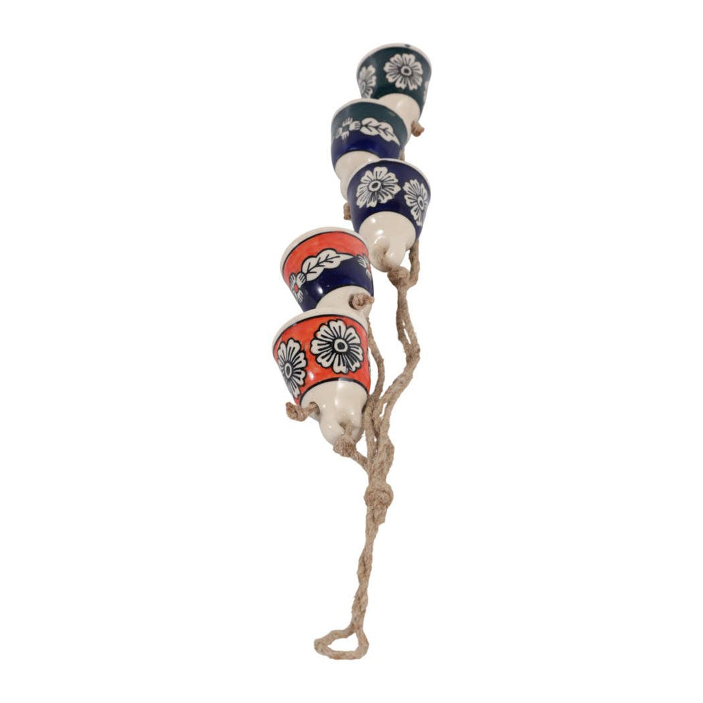 Wind Chime - Blue Ceramic and Jute Bell Cluster, 37 in.