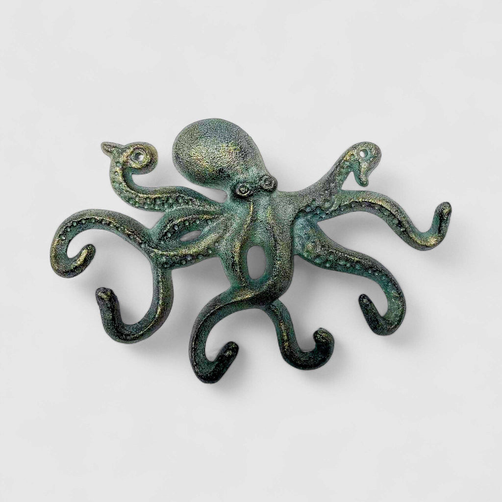 Octopus Wall Hook, Green Bronze Cast Iron for Coats, Keys or Towels, 9.7"
