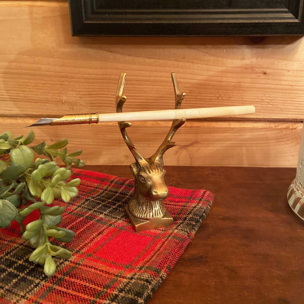 Antiqued Brass Stag Pen Tabletop Holder | Stationary