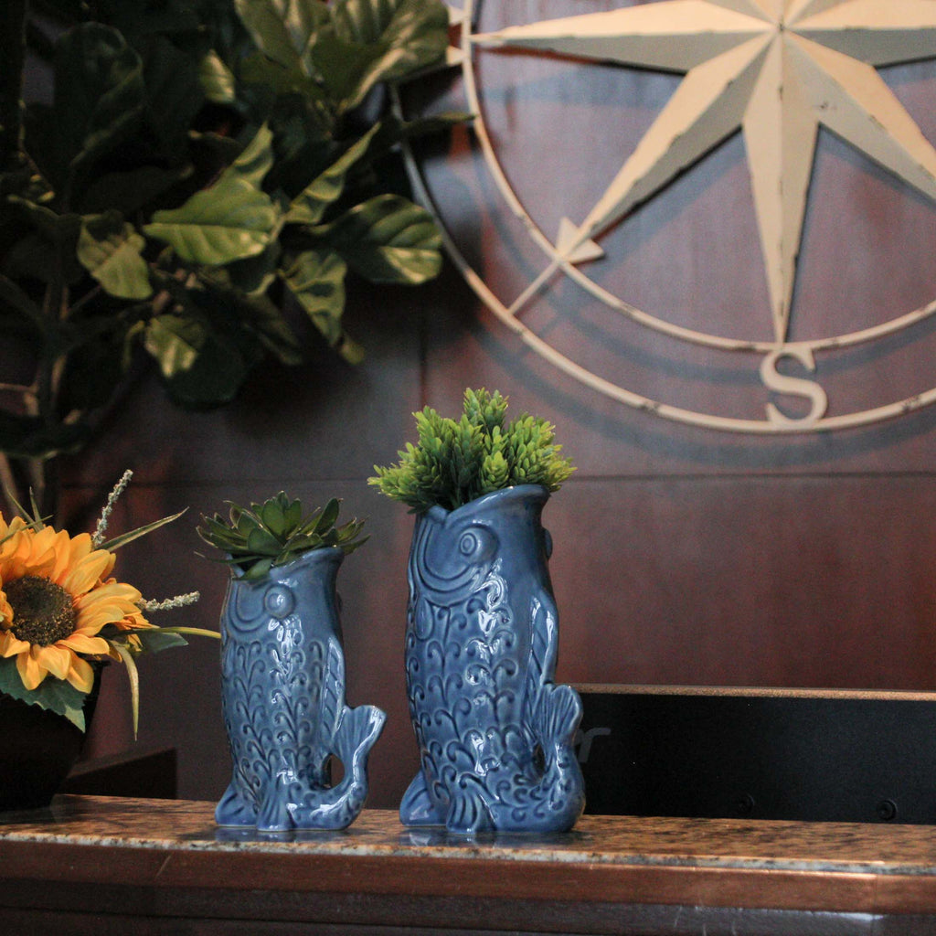 Fish Decorative Vase Set in Glossy Porcelain for Coastal Tabletop Decor
