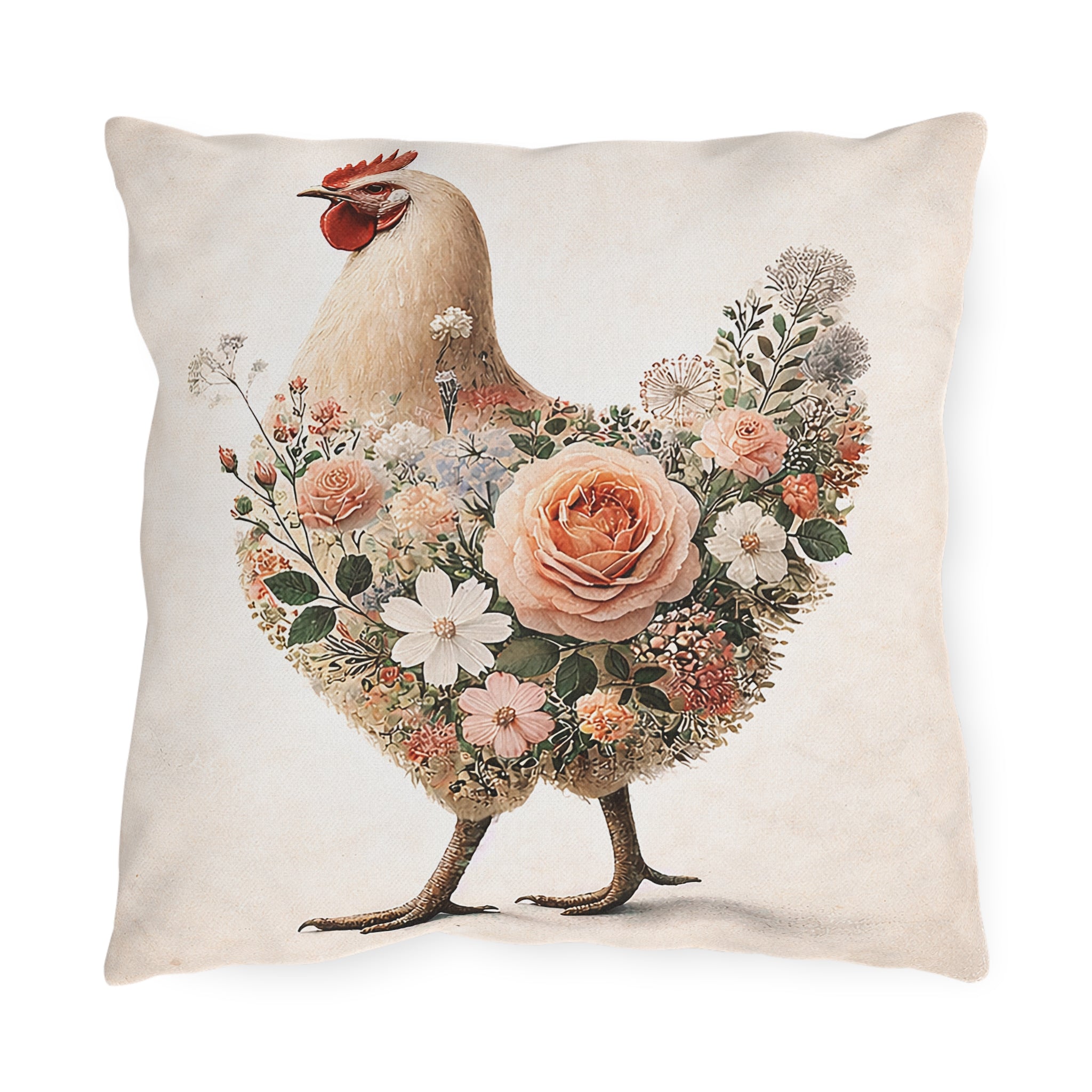 Vintage Floral Chicken Outdoor Pillow — Flower-Filled Porch & Patio Accent