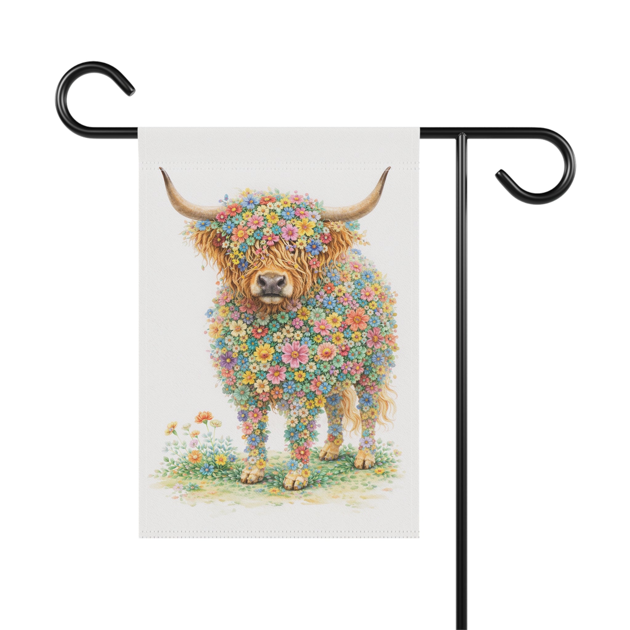Flower-Filled Highland Cow Garden Banner and Flag — Cottage Floral 'Coo' Flag