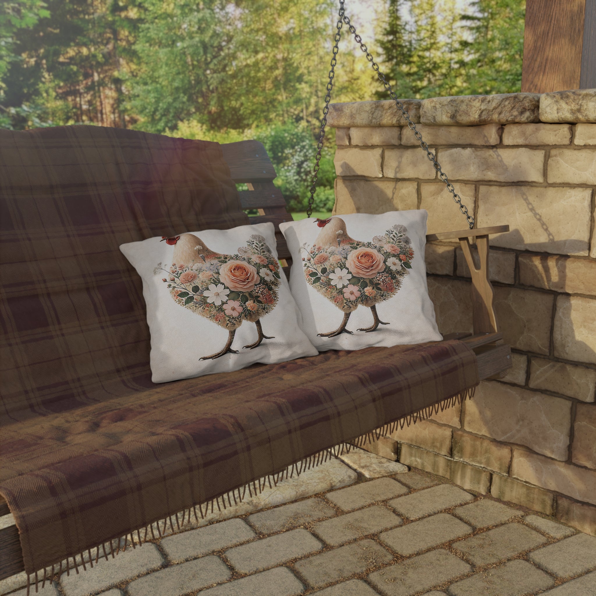 Vintage Floral Chicken Outdoor Pillow — Flower-Filled Porch & Patio Accent