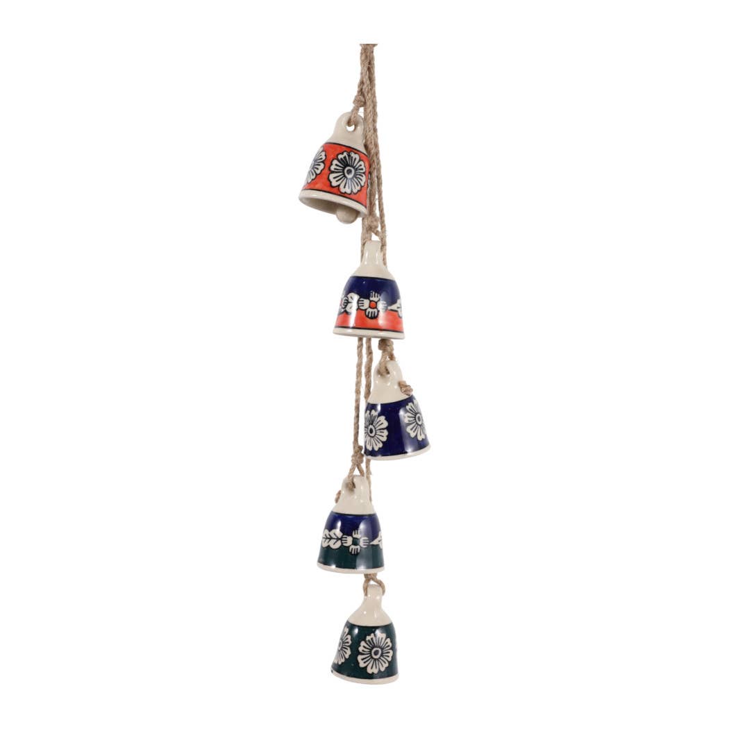 Wind Chime - Blue Ceramic and Jute Bell Cluster, 37 in.