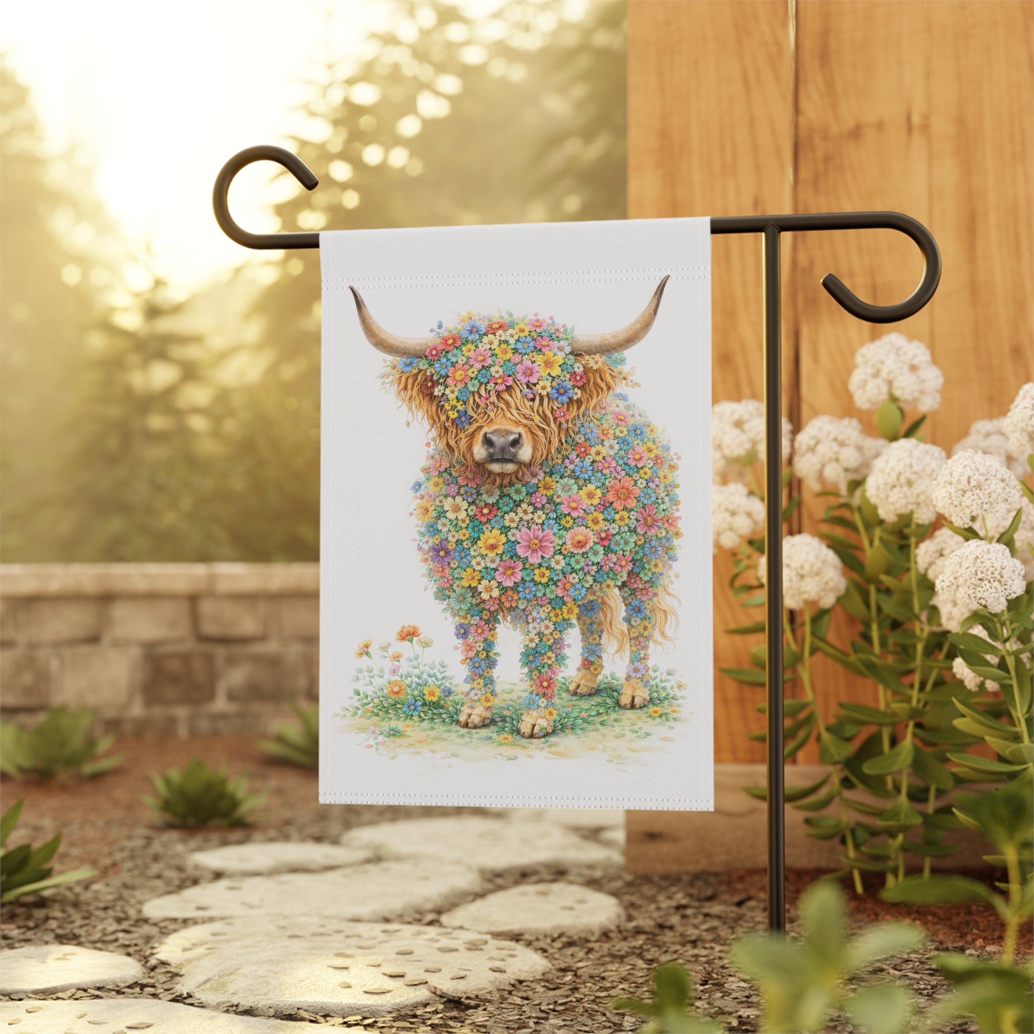 Flower-Filled Highland Cow Garden Banner and Flag — Cottage Floral 'Coo' Flag