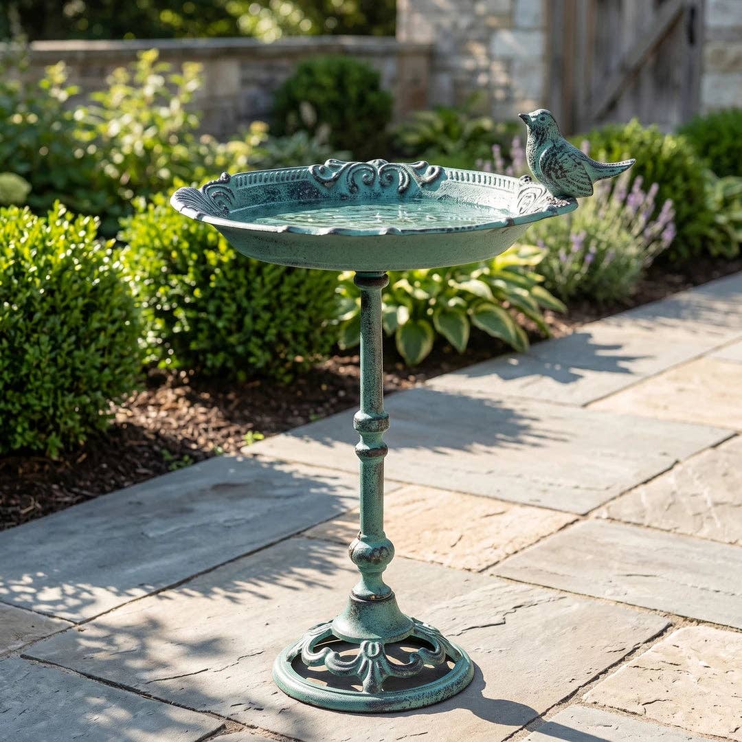 Pedestal Bird Bath with Bird, Green Patina Cast Iron Garden Decor