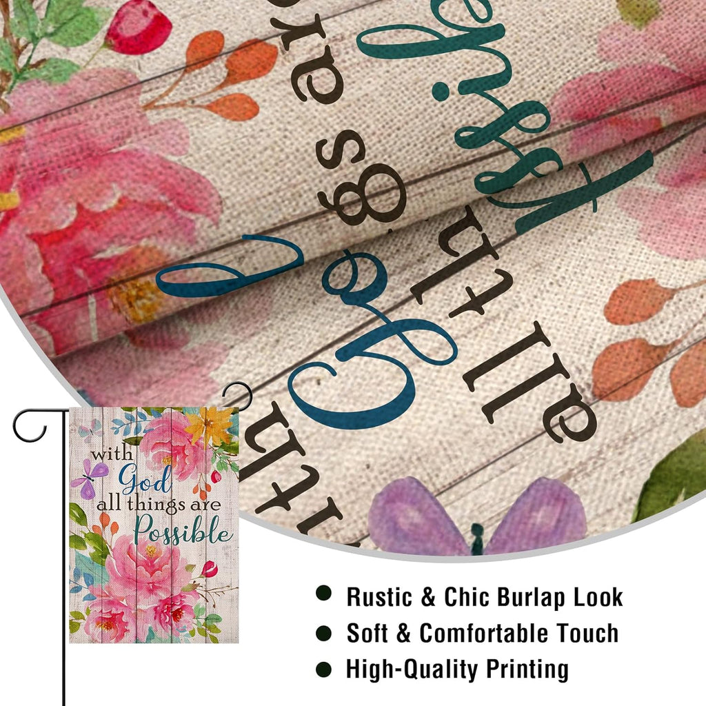 with God All Things Are Possible Christian Home Decorative Garden Flag, Spring Summer Religious House Yard Outdoor Peony Flower, Inspirational Butterfly outside Farmhouse Small Decor 12 X 18