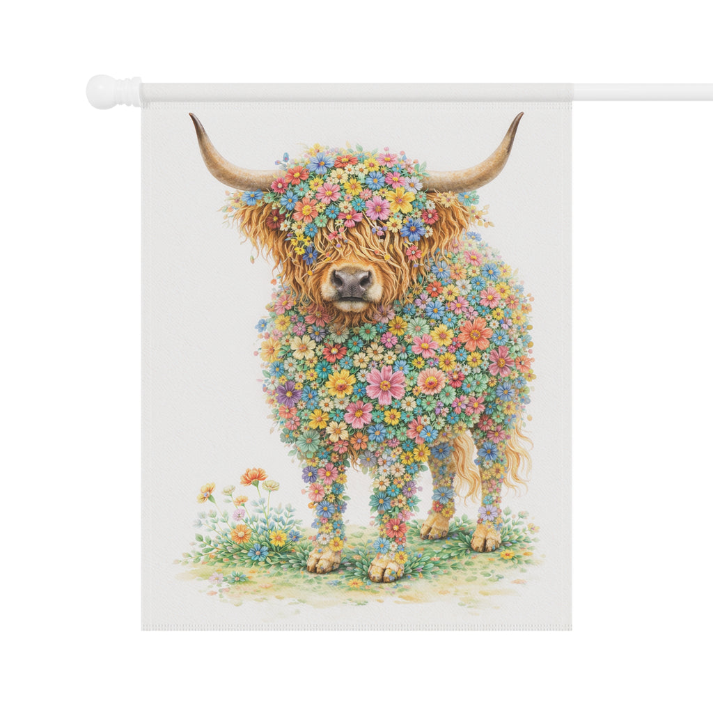 Flower-Filled Highland Cow Garden Banner and Flag — Cottage Floral 'Coo' Flag
