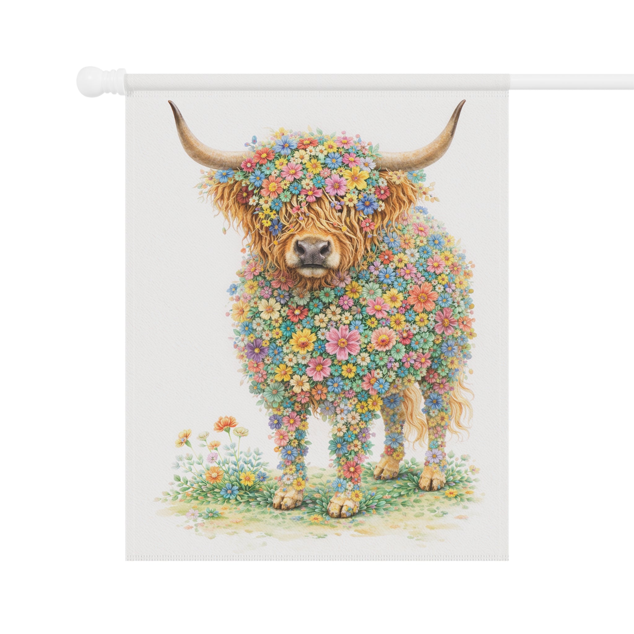 Flower-Filled Highland Cow Garden Banner and Flag — Cottage Floral 'Coo' Flag